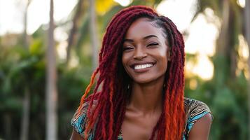 Joyful Woman with Long Red and Orange Ombre Locs and Confident Smile in Tropical Setting for Summer Design and Lifestyle Projects photo