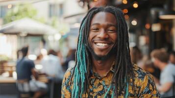 Vibrant Portrait of a Smiling Man with Long, Thick Turquoise Locs for Diverse Multicultural Representation Ideal for Design, Print, Card, or Poster photo