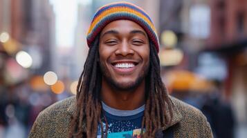 Smiling Young Man with Colorful Beanie in a Vibrant Urban Street Setting Ideal for Lifestyle and Diversity Concepts photo