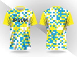 yellow and blue abstract small squares pattern for sport jersey design and mockup, front and back view. vector