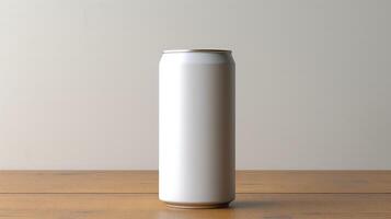 A white can sits on a wooden table photo