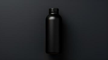 A black bottle is sitting on a dark background photo
