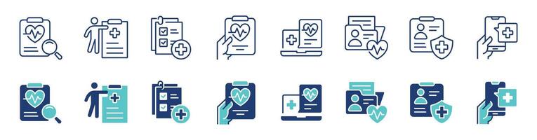 health check-up diagnosis report icon set medical document record information health prescription signs illustration for web and app vector