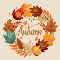 Autumn wreath with leaves and flowers on a beige background vector