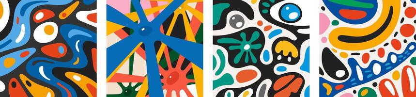 Abstract surreal biomorphic naive graphic forms collage square banner set. Modern trendy biomorphic strange free curves elements crazy doodle card. Decorative y2k artistic flyer. Psychedelic artwork vector