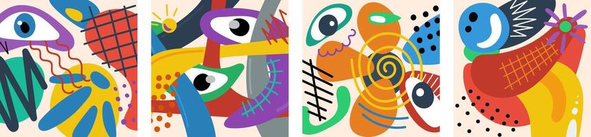 Abstract surreal biomorphic naive graphic shapes collage square banner set. Modern trendy biomorphic whimsical free curves forms crazy doodle card. Decorative y2k artistic print. Psychedelic artwork vector