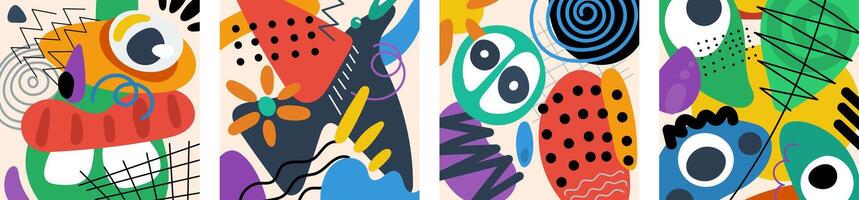 Abstract surreal biomorphic naive graphic shapes collage square banner set. Modern trendy biomorphic strange free curves elements crazy doodle card. Decorative y2k artistic print. Psychedelic artwork vector