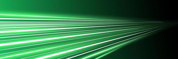 Motion luminous linear trails horizontal banner. High speed green glowing rays. Abstract long time exposure motion blur dynamic effect. Fast zoom light flash stripes. Perspective movement. Eps vector