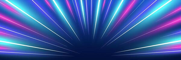 Motion luminous linear trails horizontal banner. High speed neon glowing rays. Abstract cosmic warp long time exposure motion blur dynamic effect. Perspective view fast zoom light flash stripes. Eps vector