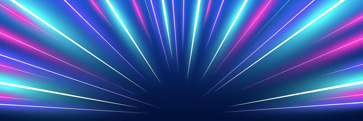 Motion luminous linear trails horizontal banner. High speed neon glowing rays. Abstract cosmic warp long time exposure motion blur dynamic effect. Perspective view fast zoom light flash stripes. Eps