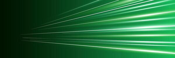 Motion luminous linear trails horizontal banner. High speed bright green glowing rays. Abstract long time exposure motion blur dynamic effect. Fast zoom light flash stripes. Perspective movement. Eps vector