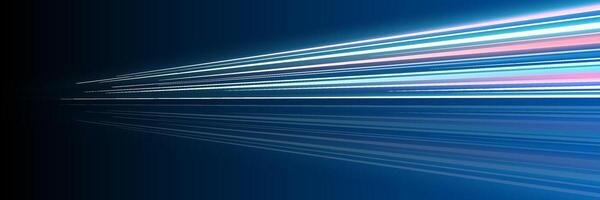 Motion luminous linear trails horizontal banner. High speed blue and pink glowing rays. Abstract long time exposure motion blur dynamic effect. Fast zoom light flash stripes. Perspective movement. Eps vector