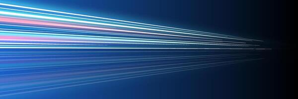 Motion luminous linear trails horizontal banner. High speed blue and pink glowing rays. Abstract long time exposure motion blur dynamic effect. Fast zoom light flash stripes. Eps vector