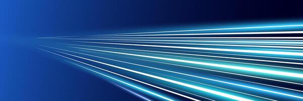 Motion luminous linear trails horizontal banner. High speed bright blue glowing rays. Abstract technology long time exposure motion blur perspective dynamic effect. Fast zoom light flash stripes. Eps vector