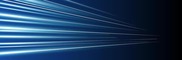 Motion luminous linear trails horizontal banner. High speed bright blue glowing rays. Abstract long time exposure motion blur dynamic effect. Fast zoom light flash stripes. Perspective movement. Eps vector