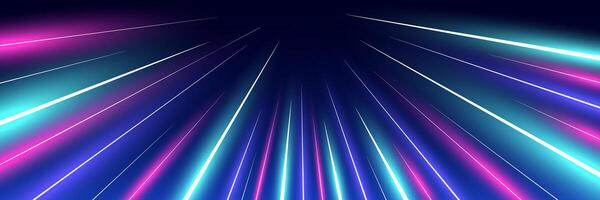 Motion luminous linear trails horizontal banner. High speed blue and pink glowing perspective rays. Abstract cosmic warp long time exposure motion blur dynamic effect. Fast zoom light flash stripes vector