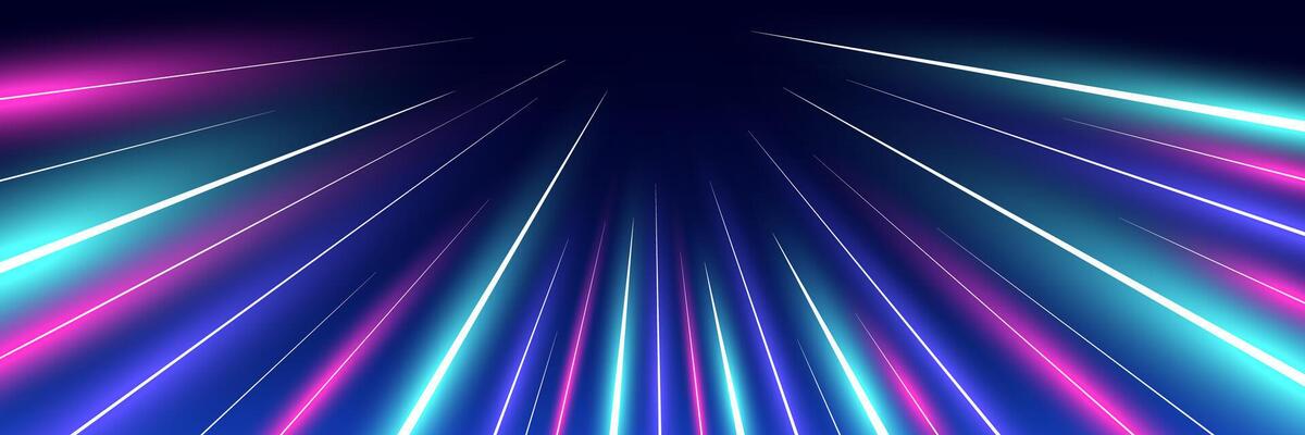 Motion luminous linear trails horizontal banner. High speed blue and pink glowing perspective rays. Abstract cosmic warp long time exposure motion blur dynamic effect. Fast zoom light flash stripes