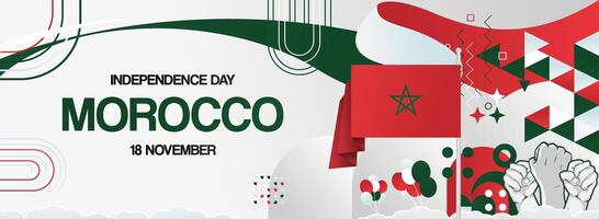 Happy Morocco Independence day with modern geometric ornaments. Wide banner suitable for use as greeting card or sporting event vector