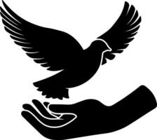 black silhouette of a dove or bird flying on hand without background vector