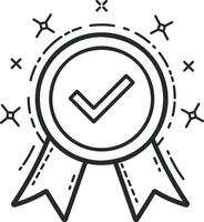 illustration of a checked badge or medal with ribbons in black outline without background vector