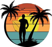 surfer with surfboard sun trees palms vector
