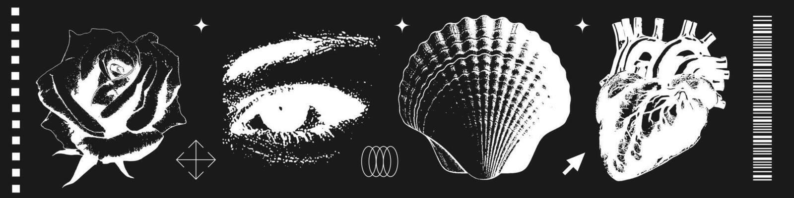 Human heart, female eye, rose and sea shell with retro photocopy effect. Vintage tippling technique elements set. Texture of grunge dots. illustration.