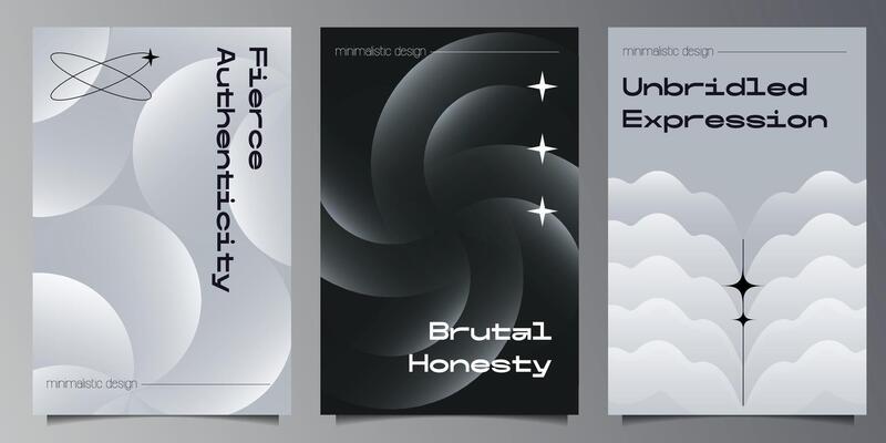 Neo Brutalist abstract Geometric Gradient shapes compositions. Primitive Retrofuturism Poster set. Rotating Circle abstract backgrounds collection. Illustration.
