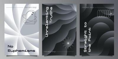Rotating Circle abstract backgrounds set. Futuristic retro monochrome minimalistic Posters with gradient form graphic of round geometrical shapes modern design inspired by brutalism. vector