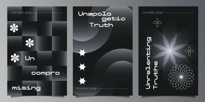 Abstract brutalism covers set with big geometric shapes on black background. Modern brutalist style minimal simple graphic prints. Brutal trendy y2k placard design template. poster design. vector
