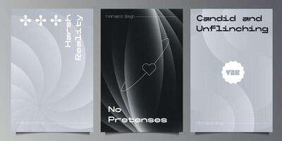 Modern minimalistic graphics. Minimalist backdrops set. Abstract rotating gradient round figures. Design elements for social networks, blog posts, banners, cards. Grey, black and white design. vector