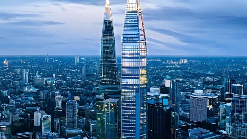 What Modern Skylines Are Really Made Of 1 Modern skyscrapers in a bustling big city The building is made of glass and steel.