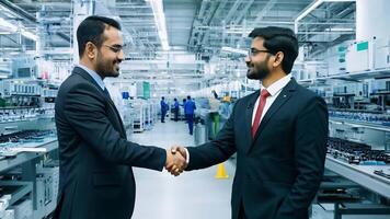 Two Businessmen shake hands on a deal with view Background of a large computer factory with movement video