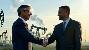 Two Businessmen shake hands on a deal with view Background of large industrial oil production plant video