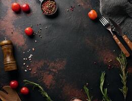 Culinary composition with kitchen utensils and spices, Himalayan salt, colorful peppercorns, fresh rosemary on the table. Top view photo