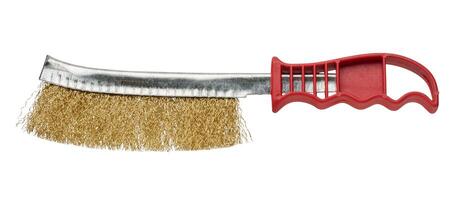 Wire brush for metalworking with orange handle and metal bristles on an isolated background. Designed for removing rust, cleaning welds or cleaning metal surfaces. photo