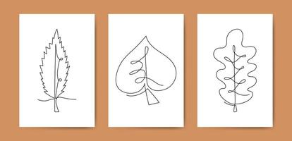 Set of line art autumn leaves posters. Leaf line silhouette. Collection of hand drawn part of trees and plant for postcard and posts vector