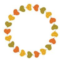 Autumn ornament of multicolored leaves. Hand drawn plant text Frame. Circle Fall season textbox. vector