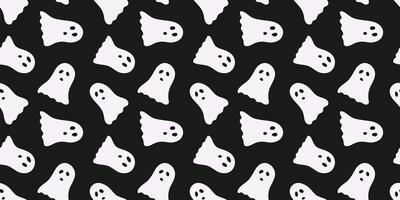 Black Halloween seamless pattern with ghost. Minimalist endless background with Cute repeat Spooky characters. Hand Drawn arts, Doodle design for fabric print. vector