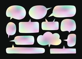 Hand drawn hologram speech bubbles. Blank Chat holographic box. Empty speak balloon, chatting or message textbox set. Multicolored Stickers. vector