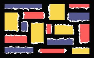 Multicolored Torn Paper pieces. Notebook sheets empty textbox. Trendy elements for collage. contemporary illustration. vector