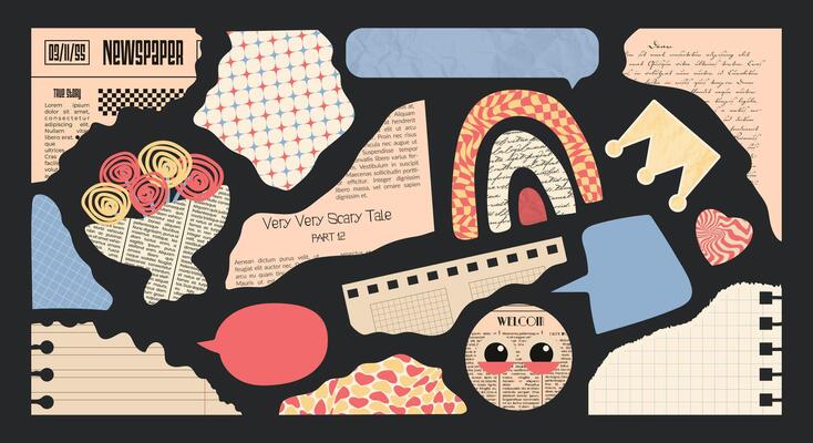 Torn newspapers and Notebook sheets for Collages and Scrapbook. Cut strips of Paper with uneven edges. Pieces of vintage book pages trendy design. Ripped notepad textbox. Flowers, rainbow and crown