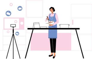 A content creator streaming a cooking show live, interacting with followers and comments. vector