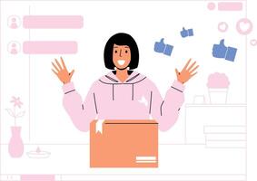 A happy creator unboxing a product for an online review session, engaging with followers. vector