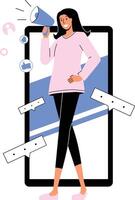 A content creator with a megaphone making an exciting announcement to her audience. vector