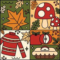 This vibrant autumn illustration features a cozy sweater, mushrooms, apples, and colorful leaves, encapsulating the essence of fall. vector