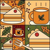 A modern flat illustration featuring slices of cake and coffee cups, surrounded by autumn leaves and branches, creating a warm fall vibe. vector