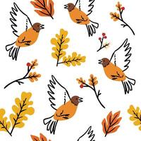 Autumn flying birds with colorful seamless pattern vector