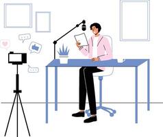 A creator recording a podcast live while interacting with comments from followers. vector