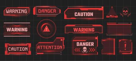 Cyber danger badges. Futuristic warning message, attention alert in digital tech frame and system caution with cyberpunk hud user interface UI set vector