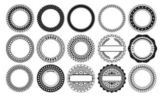 Star circle badge. Emblem templates with circular stars patterns and laurel wreaths. Seal stamp starry frames, premium badges and round vintage borders set vector
